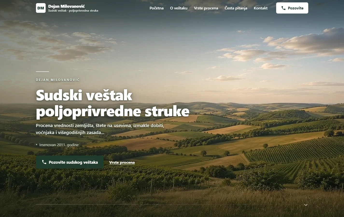 Nova početna strana sajta sudskog veštaka — naslov preko fotografije njiva, jasan poziv na kontakt