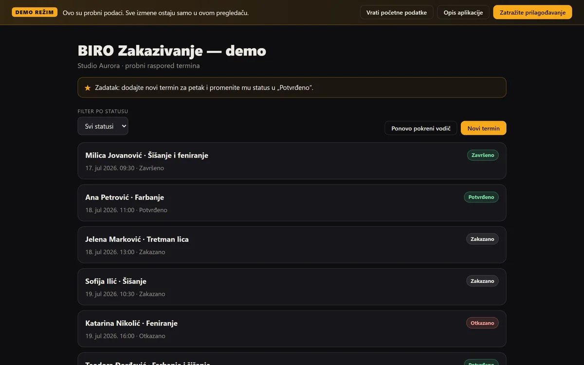 Ekran demo aplikacije BIRO Zakazivanje: spisak termina sa imenom, uslugom, datumom i statusom